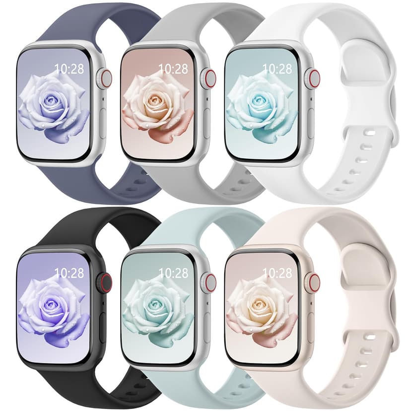 6 Pack Sport Bands Compatible with Apple Watch Bands 38mm 40mm 41mm 42mm 44mm 45mm 46mm 49mm for Women Men, Soft Wristband Silicone Sport Strap for iWatch Bands Series 11 10 9 8 7 6 5 4 3 2 1 Ultra SE