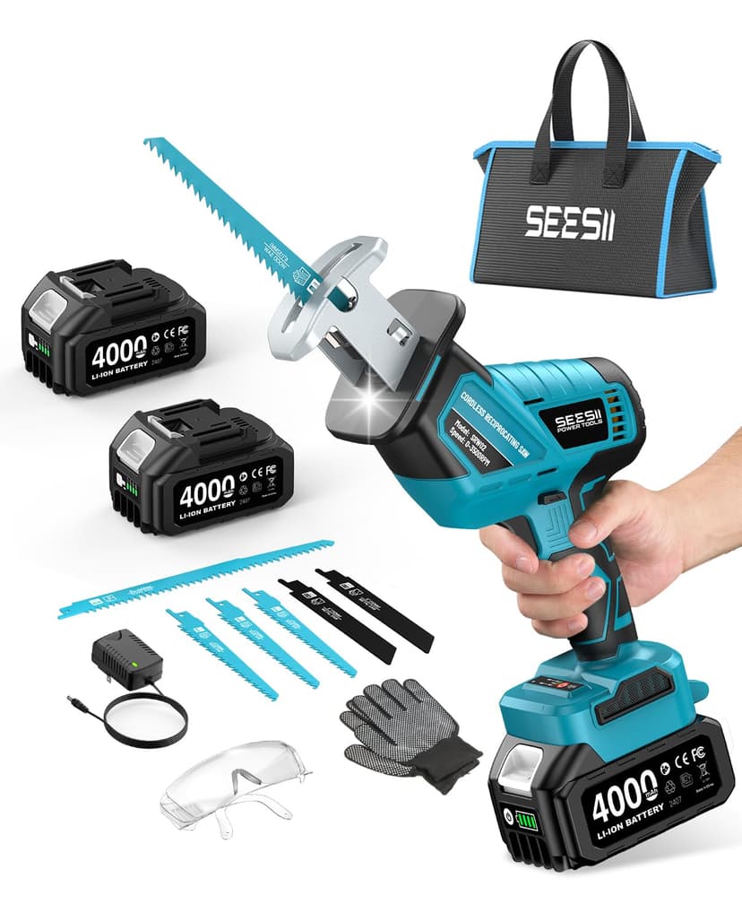 SEESII Reciprocating Saw Cordless, Variable Speed 3500 RPM Brushless Motor with 8 Saw Blades, 2 x 4.0Ah Batteries, LED Light, Tool‑Free Blade Change, Portable for Wood PVC Cutting