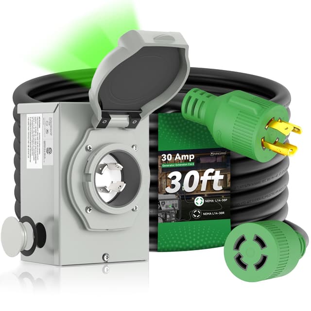 RVINGPRO 30 Amp Generator Cord 30FT and Power Inlet Box, Pre-Drilled 30 Amp Generator Inlet Box with Cord, NEMA L14-30P to L14-30R Generator Cord Waterproof Combo Kit, ETL Listed