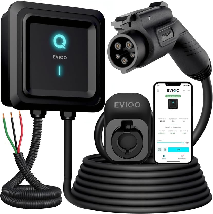 EVIQO Level 2 EV Charger J1772, Wall Home, 25ft Cable, Enhanced WiFi Smart App - Weatherproof Indoor/Outdoor (IP66,NEMA 4), UL, ETL Certified - 48 Amp - 11.5kW, 240V Hardwire