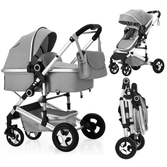 TODECARE 2 in 1 Baby Stroller, Convertible Pushchair Stroller w/Reversible Seat, Foldable Newborn Pram Carriage, Adjustable Canopy, Storage Basket, Diaper Bag & Cup Holder, 0-36 Months, Light Grey