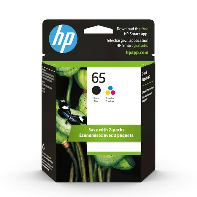 HP 65 Black/Tri-Color Ink Cartridges (2-Pack) | Works with AMP 100, DeskJet 2600, 3700, Envy 5000 | Eligible for Instant Ink | T0A36AN