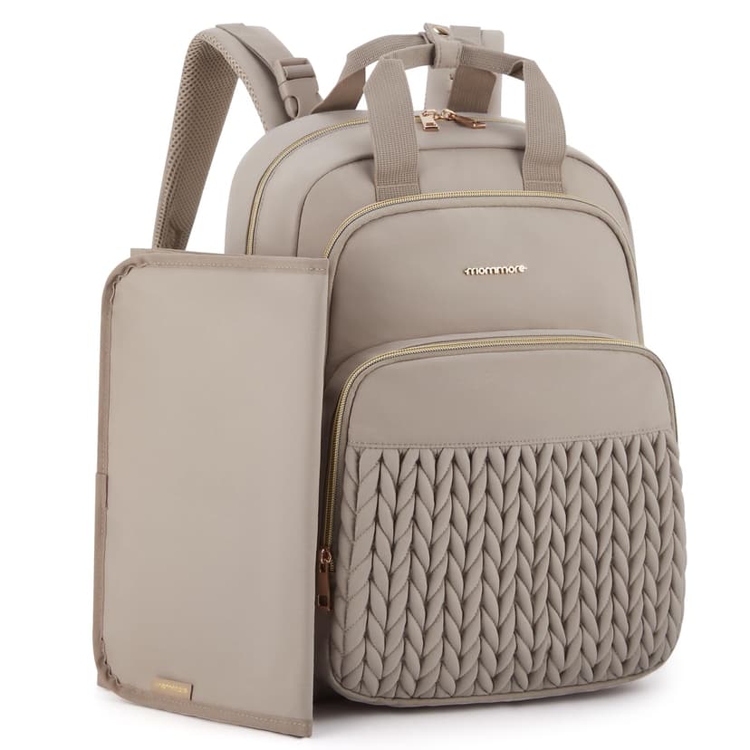 mommore Diaper Bag Backpack, Stylish Travel Baby Bag with Insulated Pockets, Changing Pad and Stroller Straps for Toddler (L-Brown Taupe, Large-27L)