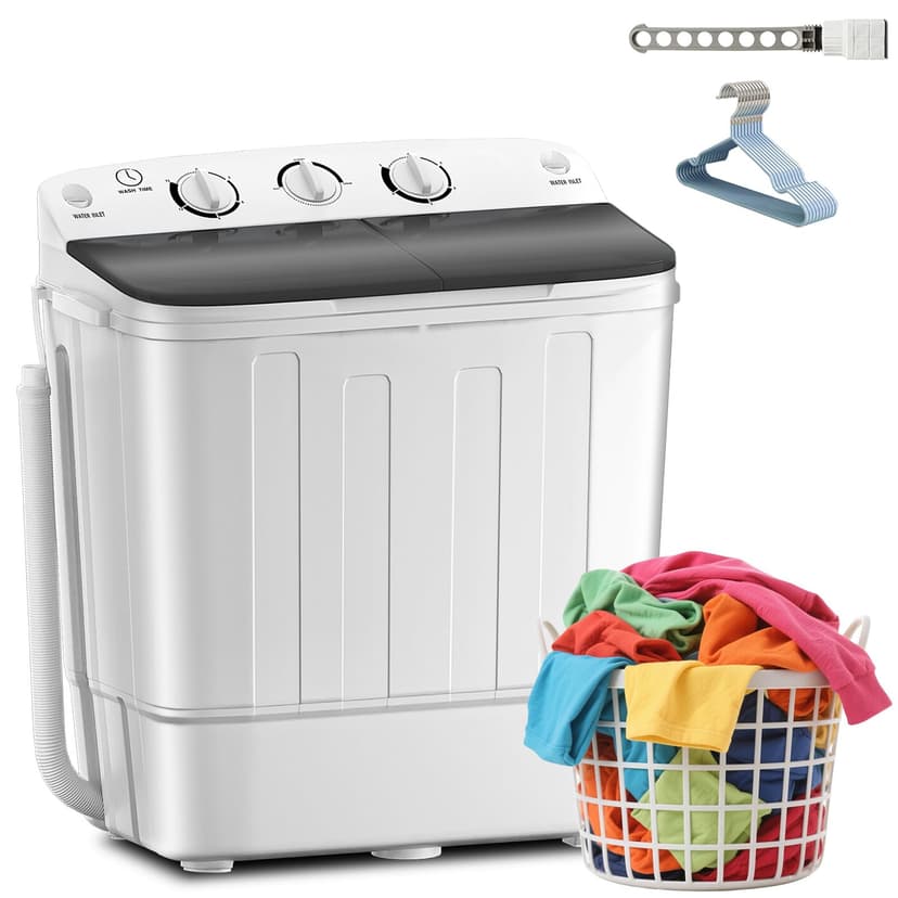 Erivess Portable Twin Tub 18lbs Washing Machine with Drying Rack and 10 Hangers, 11lbs Washer Mini Compact Laundry Machine with 7lbs Spinner, Semi-automatic Washer Combo for Dorms, Apartment