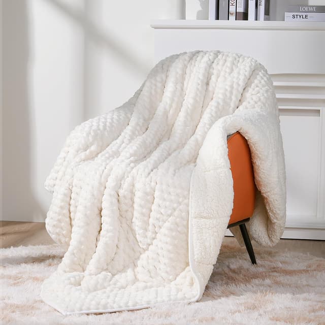 Topblan Weighted Blanket for Adults, 60" x 80" 15lbs, Soft Sherpa Queen Size Heavy Blankets with 3D Puffy Hexagon, Cozy Flannel Fleece Weighted Throw for Couch and Bed