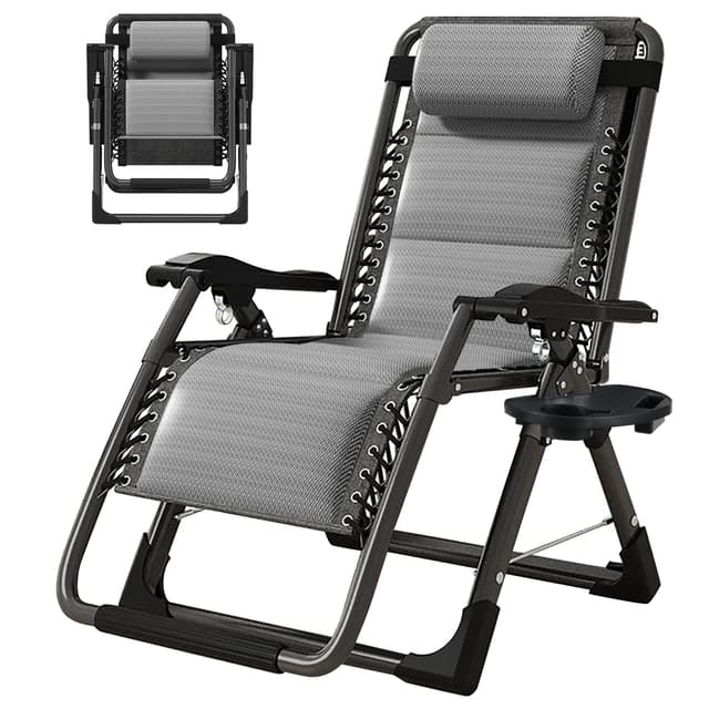 DoCred Zero Gravity Chair, Lawn Recliner, Reclining Patio Lounger Chair, Folding Portable Chaise with Detachable Headrest and Cup Holder Cool Gray