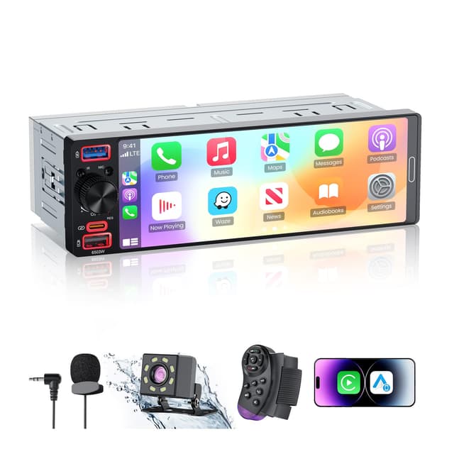 Single Din Radio Car Stereo with Apple CarPlay & Android Auto, 6.5β InCell Touchscreen Car Radio with 1080P Backup Camera, Mirror Link, Bluetooth 6.0, GPS, AM&FM, USB & Type-C Fast Charging, EQ, SWC