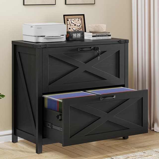 Lateral File Cabinet with 2 Large Drawers, Farmhouse File Cabinet with Lock for Letter/Legal/A4 Size Hanging Files, Wood File Storage Cabinets Printer Stand for Home Office Cabinets, Rustic Black