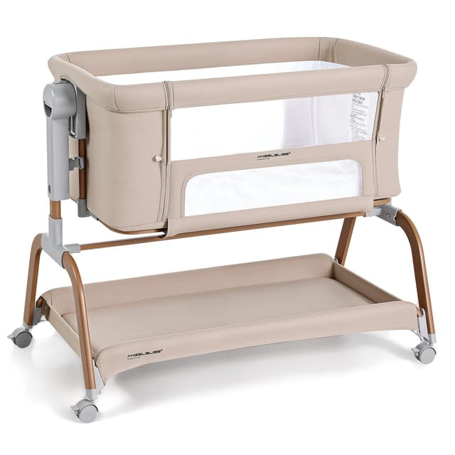 ANGELBLISS 3 in 1 Baby Bassinet, Rocking Bassinets Bedside Sleeper with Comfy Mattress and Wheels, 6 Height Adjustable Easy Folding Portable Bedside Crib for Newborn Infant (Khaki)