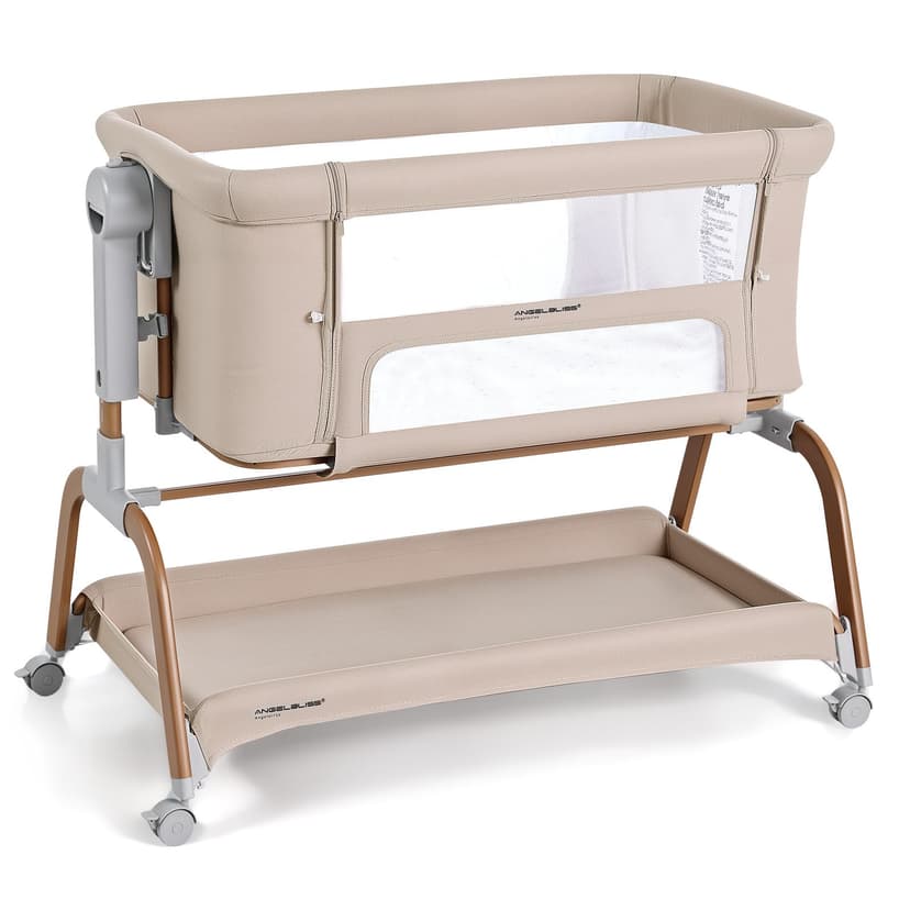 ANGELBLISS 3 in 1 Baby Bassinet, Rocking Bassinets Bedside Sleeper with Comfy Mattress and Wheels, 6 Height Adjustable Easy Folding Portable Bedside Crib for Newborn Infant (Khaki)