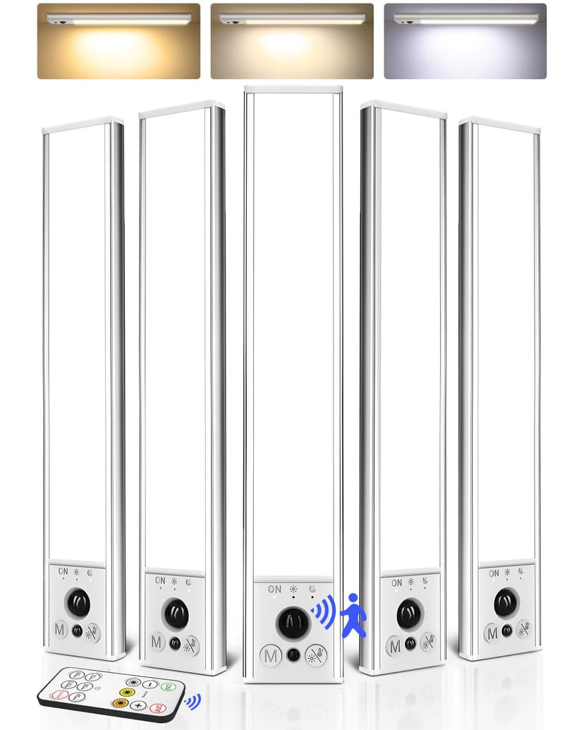 EZVALO 5-Pack Under Cabinet Lighting, 2400mAh Rechargeable Motion Sensor Light, 10inch Magnetic Closet Lights with Dimmable & 3 Color Temps, Wireless Motion Activated Lights with Remote for Kitchen