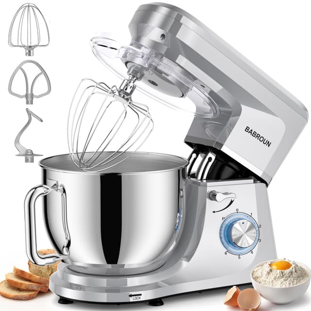Babroun Dough Mixer 8.45 QT Electric Mixer - 660W 6 Speed Large Capacity Kitchen Stand Mixer with Whisk Dough Hook Mixing Beater Household Food Mixer for Baking Cakes Cookie Bread Salad(Silver)