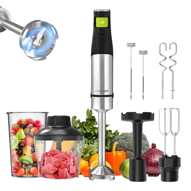 Consciot 7-in-1 Immersion Blender Handheld Max 1100W, Stick Emulsifier with Entire Stainless Steel Blender Shaft, Trigger Speed Control, 800ml Beaker, 600ml Chopper, Beaters, Frothers, Hooks & Masher