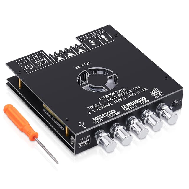 ZK-HT21 Bluetooth Amplifier Board 160W×2+220W Subwoofer 2.1 Channel Audio Amplifier Bluetooth Module with Treble and Bass Control,AUX/Bluetooth/USB Inputs for Passive Speakers