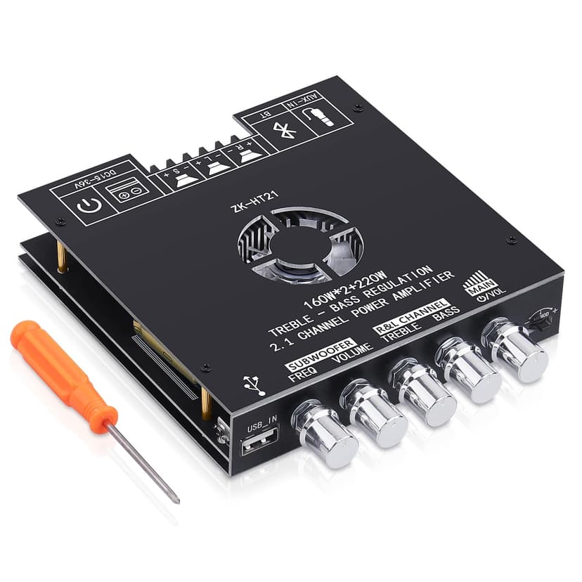 ZK-HT21 Bluetooth Amplifier Board 160W×2+220W Subwoofer 2.1 Channel Audio Amplifier Bluetooth Module with Treble and Bass Control,AUX/Bluetooth/USB Inputs for Passive Speakers