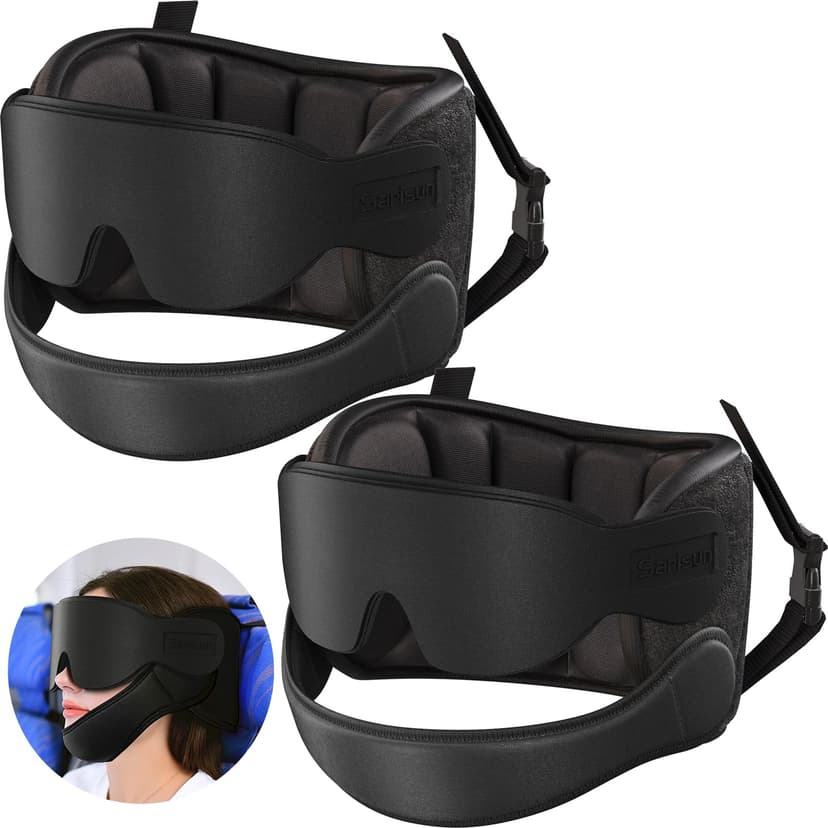 SARISUN Airplane Pillow, Travel Pillows for Airplanes with Sleep Eye Mask, 360° Airplane Pillow for Long Flights, Car Road Trip, Car Headrest, Stop Bobblehead, Combo with Chin Strap,2-Pack Black