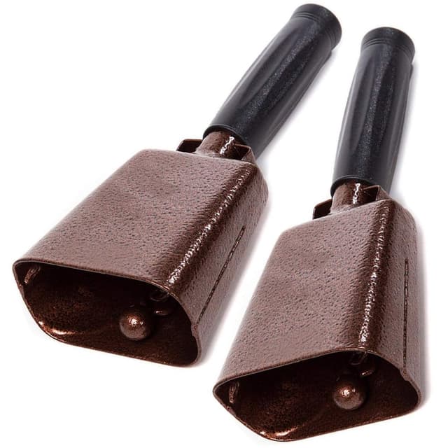 Deke Home - 2 Pack 7 Inch Steel Cowbells with Handle, Loud Noise Makers for Football, Sports, Parties, Competitions, School Spirit & Safety, Large Hand Bell for Cheering & Percussion Instrument