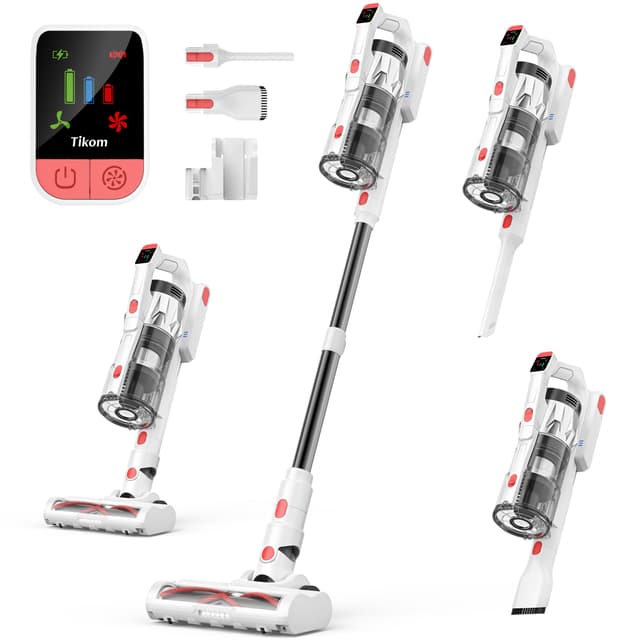 Tikom V750 Cordless Vacuum Cleaner for Home, 45000Pa/500W Stick Vacuum with LED Display, Charging Wall Dock, Anti-Tangle, Lightweight Handheld Vacuum for Pet Hair, Hard Floor, Carpet, White