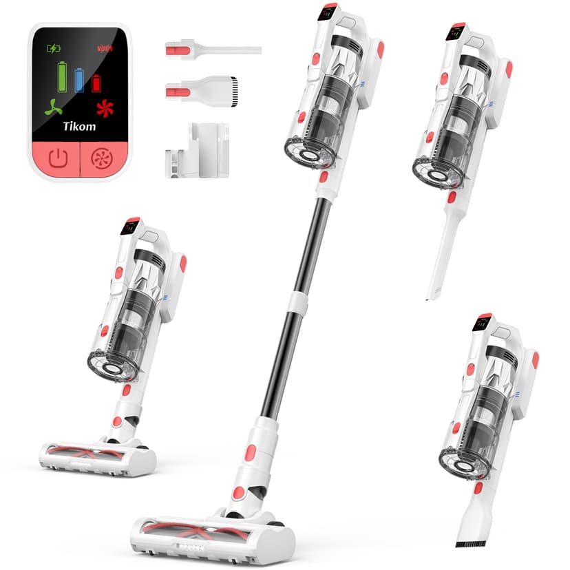 Tikom V750 Cordless Vacuum Cleaner for Home, 45000Pa/500W Stick Vacuum with LED Display, Charging Wall Dock, Anti-Tangle, Lightweight Handheld Vacuum for Pet Hair, Hard Floor, Carpet, White