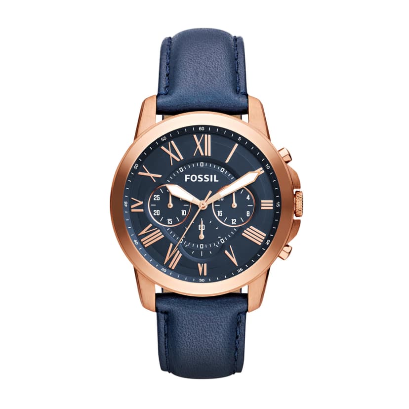 Fossil Men's Watch, Grant Quartz Stainless Steel and Leather Chronograph Watch for Men, Color: Rose Gold, Navy