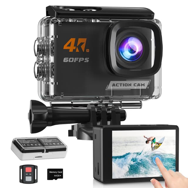 Yolansin 4K60FPS Action Camera Touchscreen, 40M Waterproof Underwater Camera with 64G SD Card, 6-Axis Stabilization Motorcycle Camera 8X Zoom with 2.4G Remote Control 2 * 1350 mAh Batteries