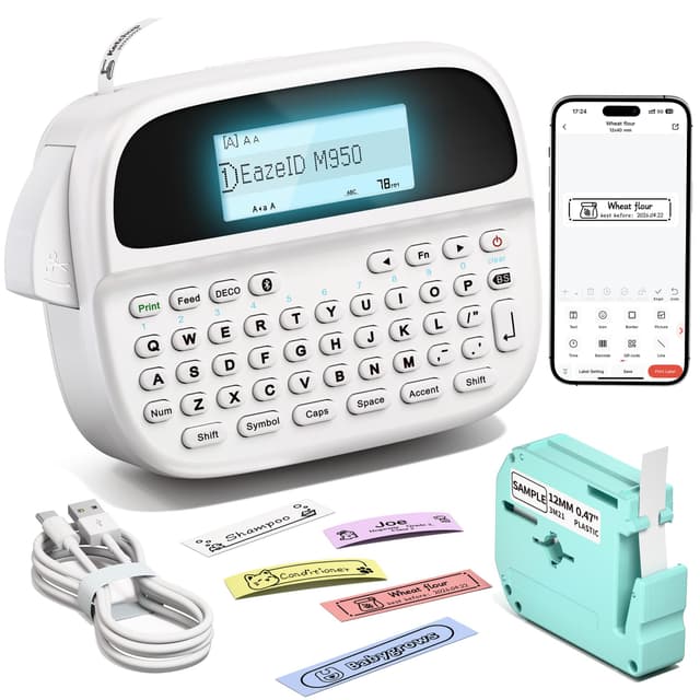 Label Maker Machine with-Tape, Rechargeable Label Maker Waterproof-Labels, Bluetooth Portable Labeler Handheld, Backlit & QWERTY Keyboard, M950 for Home Kitchen Office Classroom Kids Teachers Gifts