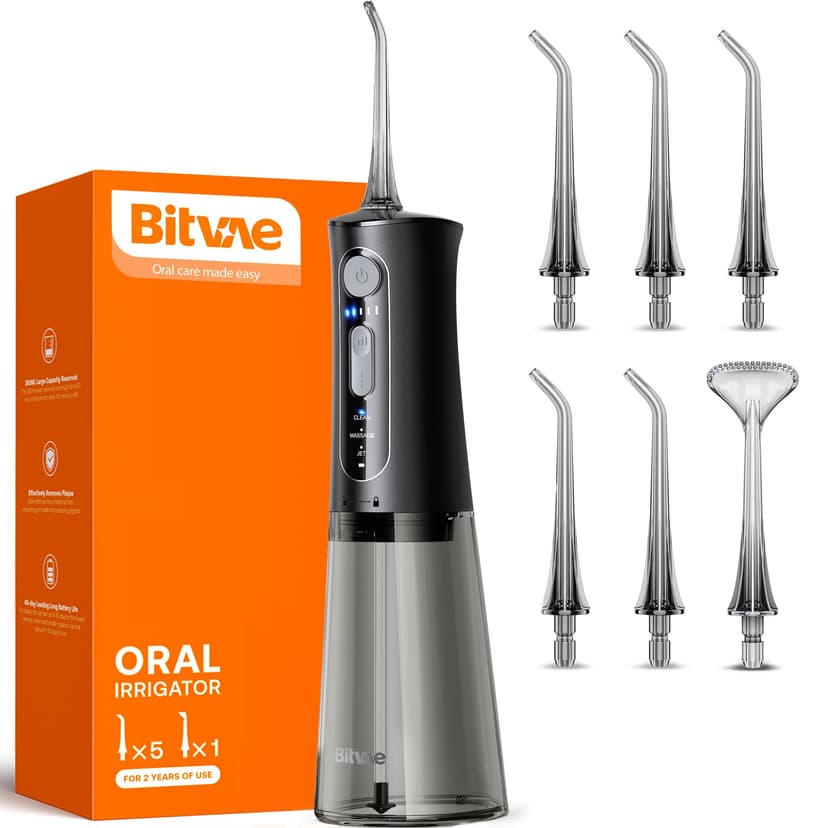 Bitvae Water Dental Flosser for Teeth, Cordless Water Teeth Cleaner Picks, 3 Modes 5 Intensities, IPX7 Waterproof, Rechargeable Water Dental Picks for Cleaning - Black
