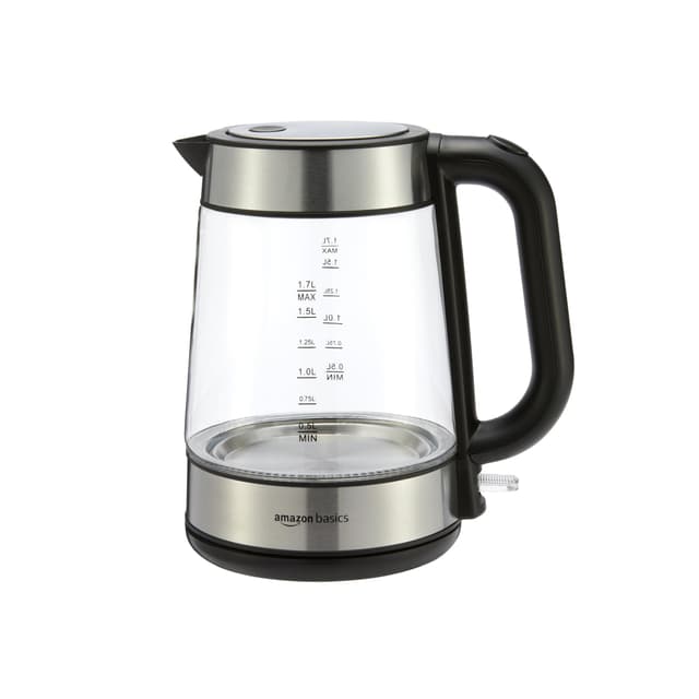 Amazon Basics Electric Kettle with Glass Carafe for Tea and Coffee, BPA-Free, Fast Boiling, Auto Shut-Off, 1.7 Liter, 1500W, Black and Silver