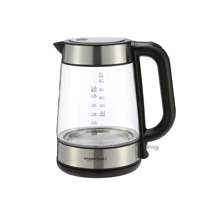 Amazon Basics Electric Kettle with Glass Carafe for Tea and Coffee, BPA-Free, Fast Boiling, Auto Shut-Off, 1.7 Liter, 1500W, Black and Silver