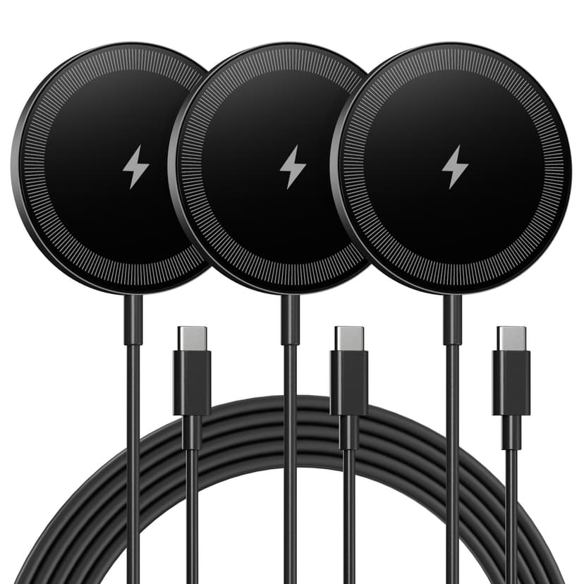 Magnetic Wireless Charger Charging Pad: 15W Qi Fast Portable Slim Charger Puck for iPhone 17 Air 16e 16 Pro Max 15 14 13 12 Series & Samsung Galaxy S25 Ultra- Include USB-C/A Dual Ports (3Pack Black)