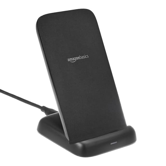 Amazon Basics 10W Qi Certified Wireless Charging Stand for Phone 16/15/14/13/12/11/X, Samsung, and More, with USB Cable, Black (No AC Adapter)