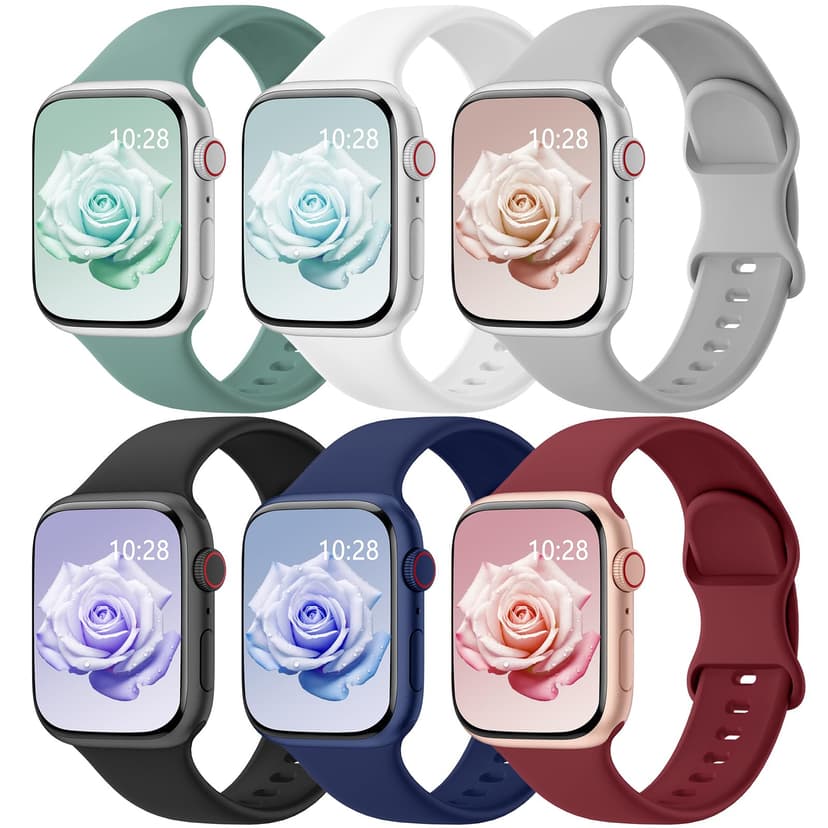 6 Pack Sport Bands Compatible with Apple Watch Bands 38mm 40mm 41mm 42mm 44mm 45mm 46mm 49mm for Women Men, Soft Wristband Silicone Sport Strap for iWatch Bands Series 11 10 9 8 7 6 5 4 3 2 1 Ultra SE
