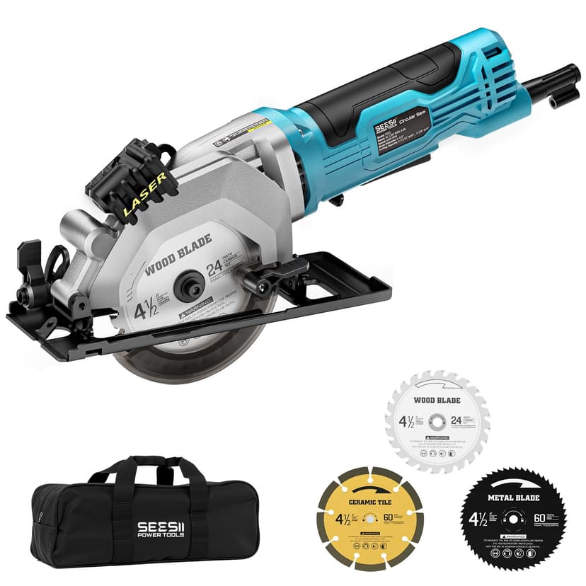 Seesii Mini Circular Saw with Laser Guide,4.8A 4000 RPM Compact Corded Circular Saw with Rip Guide,3 Blades (4-1/2") for Wood,Soft Metal,Tile,Plastic Cutting,Max Cut Depth 1-11/16"(90°),1-1/8" (45°)