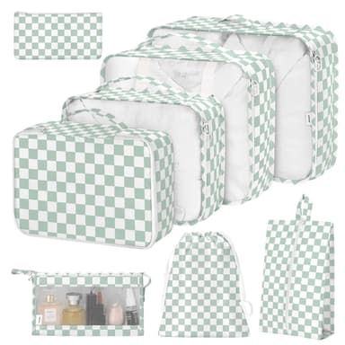 8 Set Packing Cubes for Suitcases,Suitcase Organizer with Shoe,Cosmetics,Clothing, and Accessories Bags for Travel Luggage Organizer Women Men(Green Checkered)