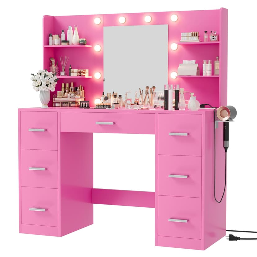 Furmax Vanity Desk with Mirror, LED Lights and Power Outlet Makeup Vanity Table with 7 Drawers and 6 Storage Shelves Dressing Table for Bedroom Dressing Room (Pink)