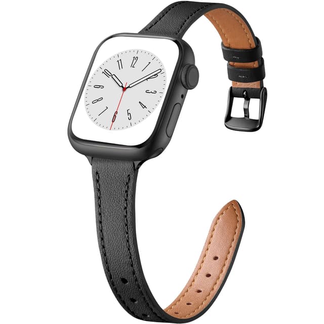 Charlam Slim Leather Band Compatible with Apple Watch Band 40mm 38mm 41mm 42mm 44mm 45mm 46mm Women,Top Grain Genuine Leather Strap Thin Wristband for iWatch Series 11 10 9 8 7 6 5 4 3 2 1 SE 3,Black
