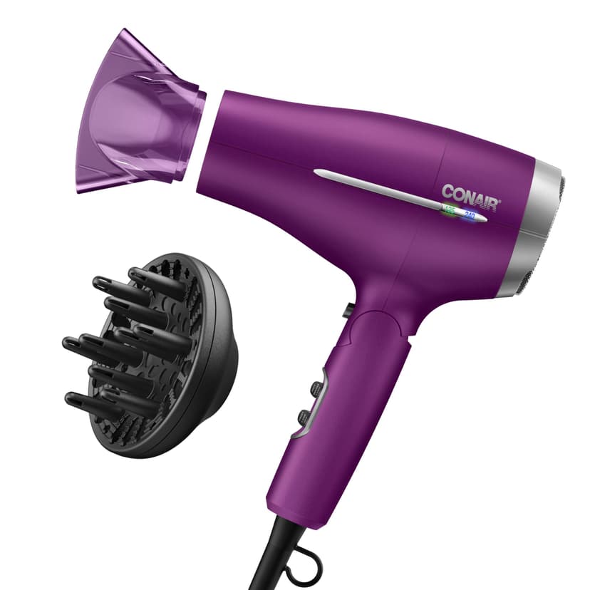 Conair Worldwide Folding Handle Hair Dryer with Concentrator & Diffuser, 1875W Travel Blow Dryer with Smart Voltage Technology, Ionic Conditioning Fights Frizz, 3 Heat & 2 Speed Settings, Purple