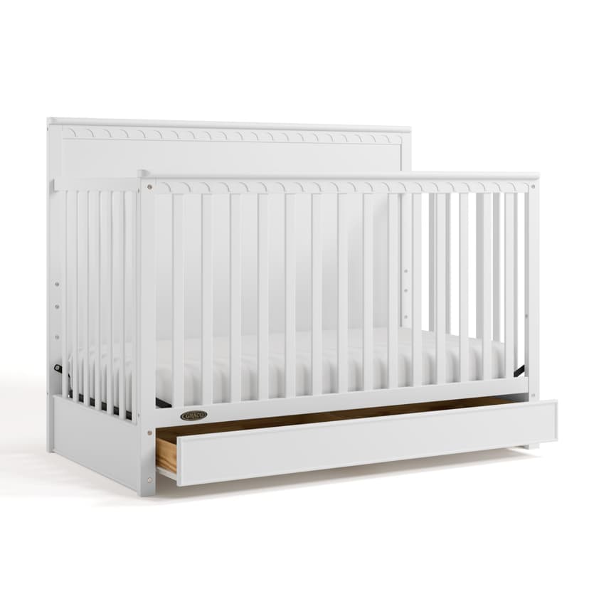 Graco Sasha 5-in-1 Convertible Crib with Drawer (White) – GREENGUARD Gold Certified Wood Crib, Converts to Toddler Bed, Daybed, Full-Size Bed, Stylish Classic Design