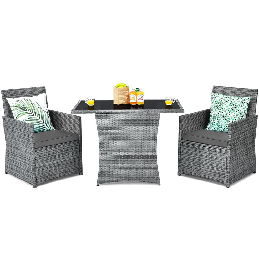 Tangkula 3 Pieces Patio Dining Set, Patiojoy Space-saving PE Rattan Bistro Set with Tempered Glass Top Table and Cushioned Chairs, Outdoor Conversation Set for Garden, Backyard, Poolside, Porch (Gray)