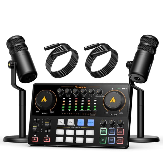 MAONO Podcast Equipment Bundle for 2: Audio Interface Mixer with 2 XLR Dynamic Mic Noise Reduction Podcast Streaming MaonoCaster E2 Gen2C