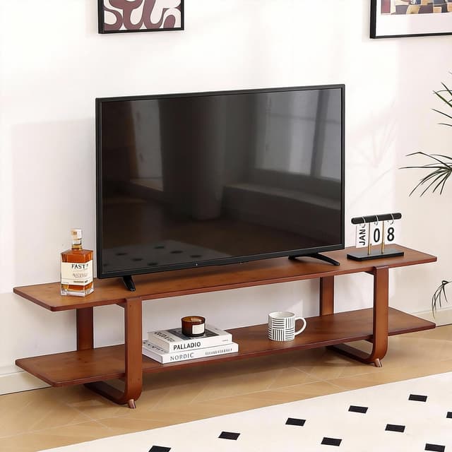 Tiita TV Stand with Storage for TVs up to 65'', Bamboo TV Console Entertainment Center with 2 Open Shelf, Mid Century Modern Media Console for Living Room, Bedroom, Walnut