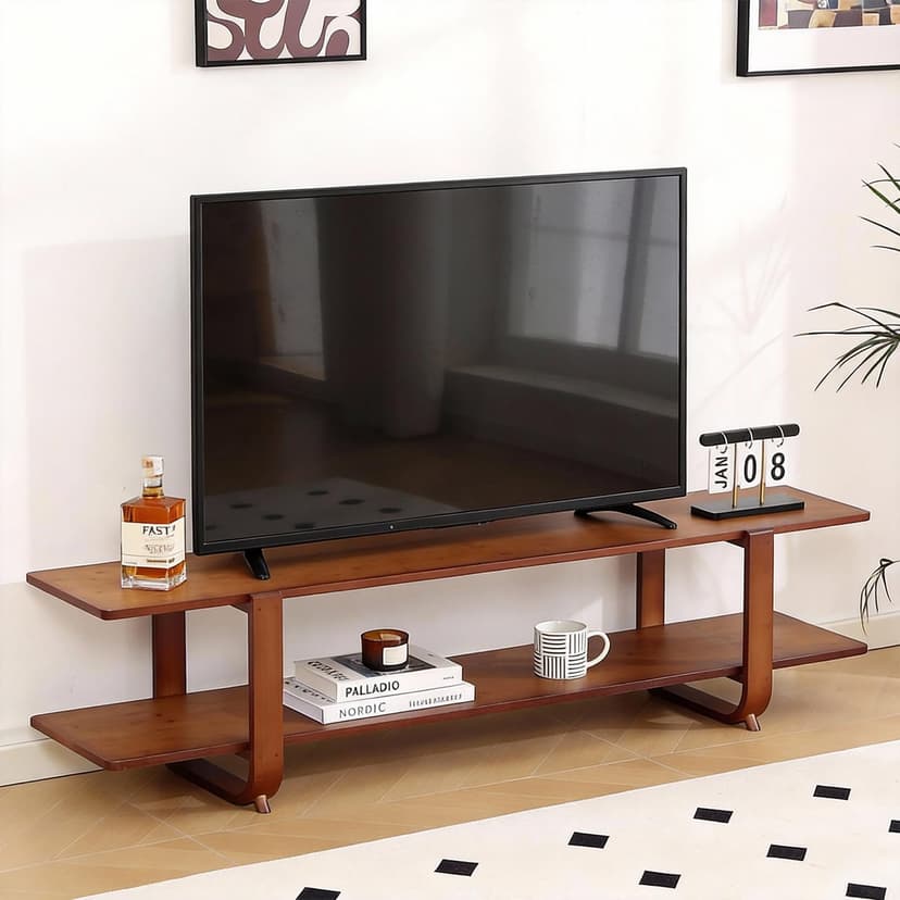 Tiita TV Stand with Storage for TVs up to 65'', Bamboo TV Console Entertainment Center with 2 Open Shelf, Mid Century Modern Media Console for Living Room, Bedroom, Walnut