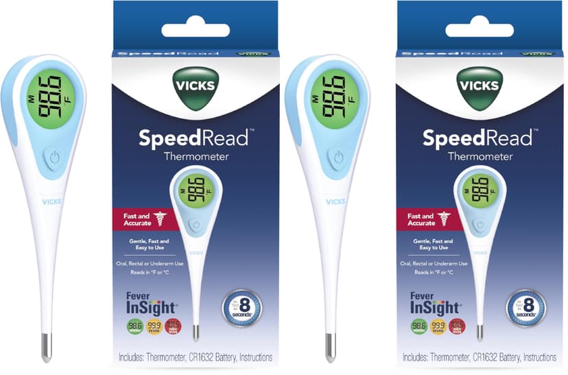 Vicks SpeedRead Digital Thermometer for Baby, Kids & Adults, Color-Coded Readings, Oral, Baby Rectal Thermometer or Under The Arm, Water Resistant (Pack of 2)