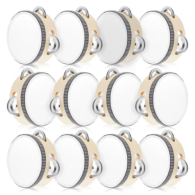 Lukmaa 12 Pcs Tambourine Drum Bulk for Adults Hand Held Percussion Gift Operation Christmas Bulk Items Wood Metal Jingles Musical Educational Drum Instrument for Church Wedding Party Games(White)