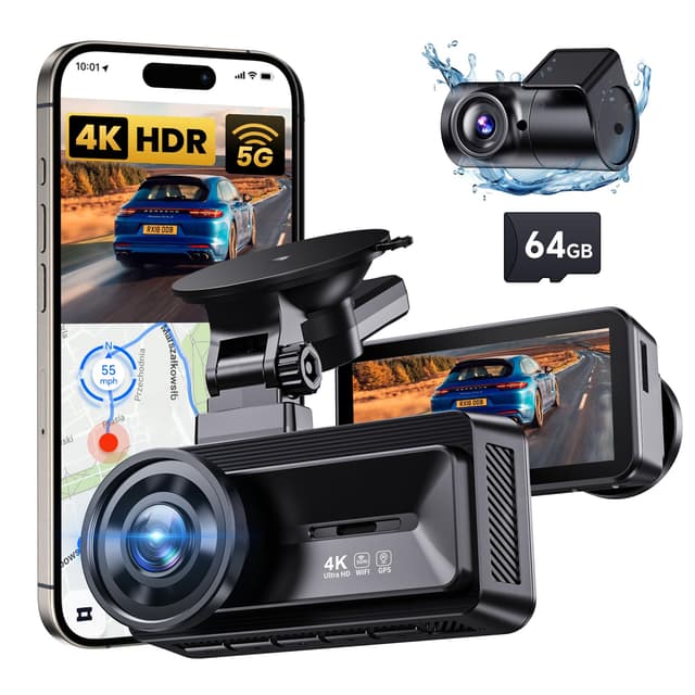 COOLCRAZY Dash Cam Front Rear - 4K+1080P Full HD Dashcam Free 64GB Card, with 5G WiFi GPS, Dual Dash Camera for Cars with 3" IPS Screen, Night Vision, HDR, App Control, 24H Parking Mode, Loop Record