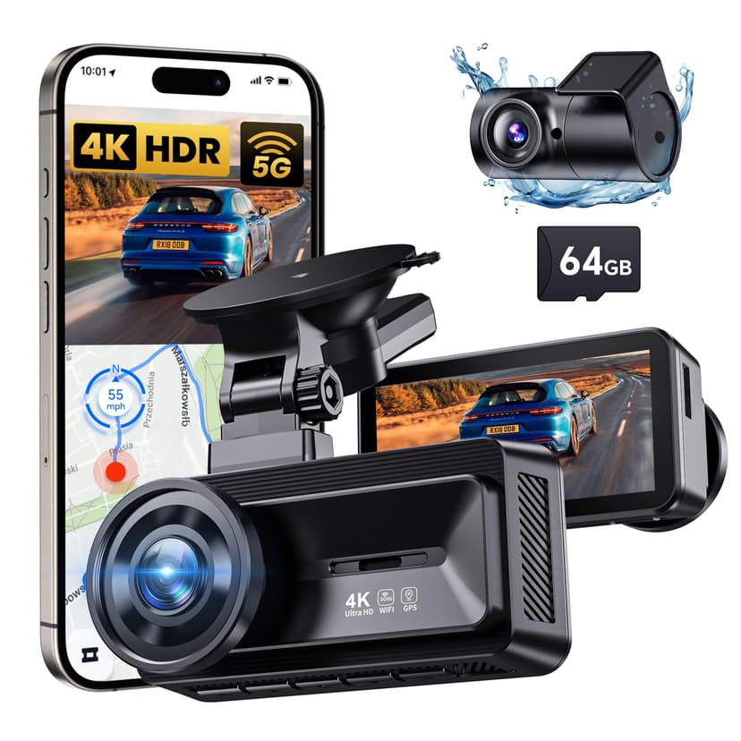 COOLCRAZY Dash Cam Front Rear - 4K+1080P Full HD Dashcam Free 64GB Card, with 5G WiFi GPS, Dual Dash Camera for Cars with 3" IPS Screen, Night Vision, HDR, App Control, 24H Parking Mode, Loop Record