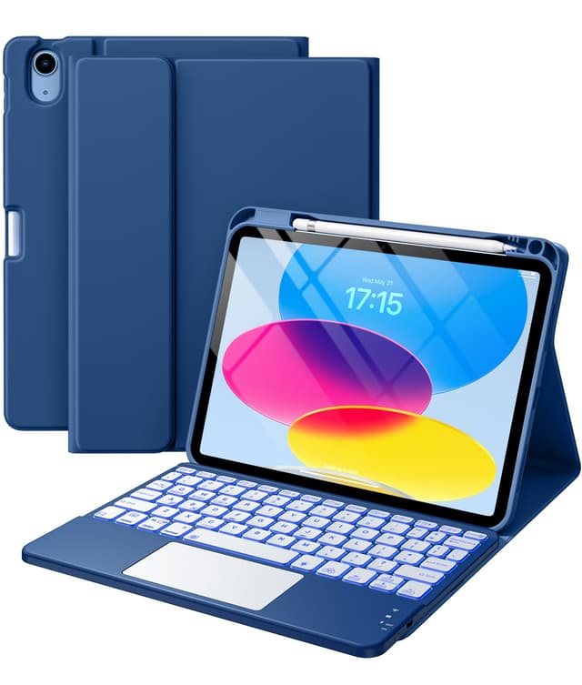 Harvopu Compatible for iPad 11th 10th Generation Case with Keyboard, Folio Cover with Pencil Holder, Multi-Touch Trackpad, 7 Color Backlit, Detachable Keyboard for iPad (A16) 11th/10th Gen (Navy Blue)