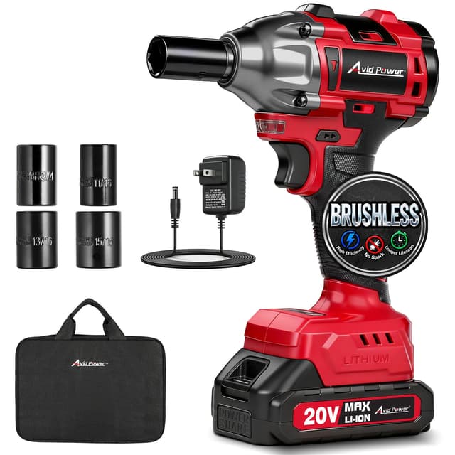 AVID POWER Impact Wrench, 1/2” Impact Gun Brushless Max Torque 332 Ft-lbs (450 N.m), 20V Cordless Impact Wrenches with 2.0 Ah Battery, 2 Variable Speeds, 4PCS Impact Sockets, Charger, Tool Bag