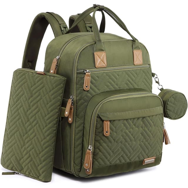 iniuniu Diaper Bag Backpack, 4 in 1 kit Large Unisex Baby Bags for Boys Girls, Waterproof Travel Back Pack with Diaper Pouch, Washable Changing Pad, Pacifier Case and Stroller Straps, Army Green