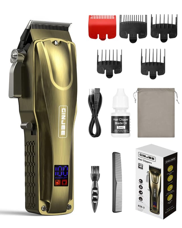 GinJee Hair Clippers for Men, Cordless & Corded Barber Clipper with 5Hrs Runtime, 7000RPM Rotary Motor & LED Display, Waterproof Professional Hair Cutting Kit for Men and Home Use (Gold)